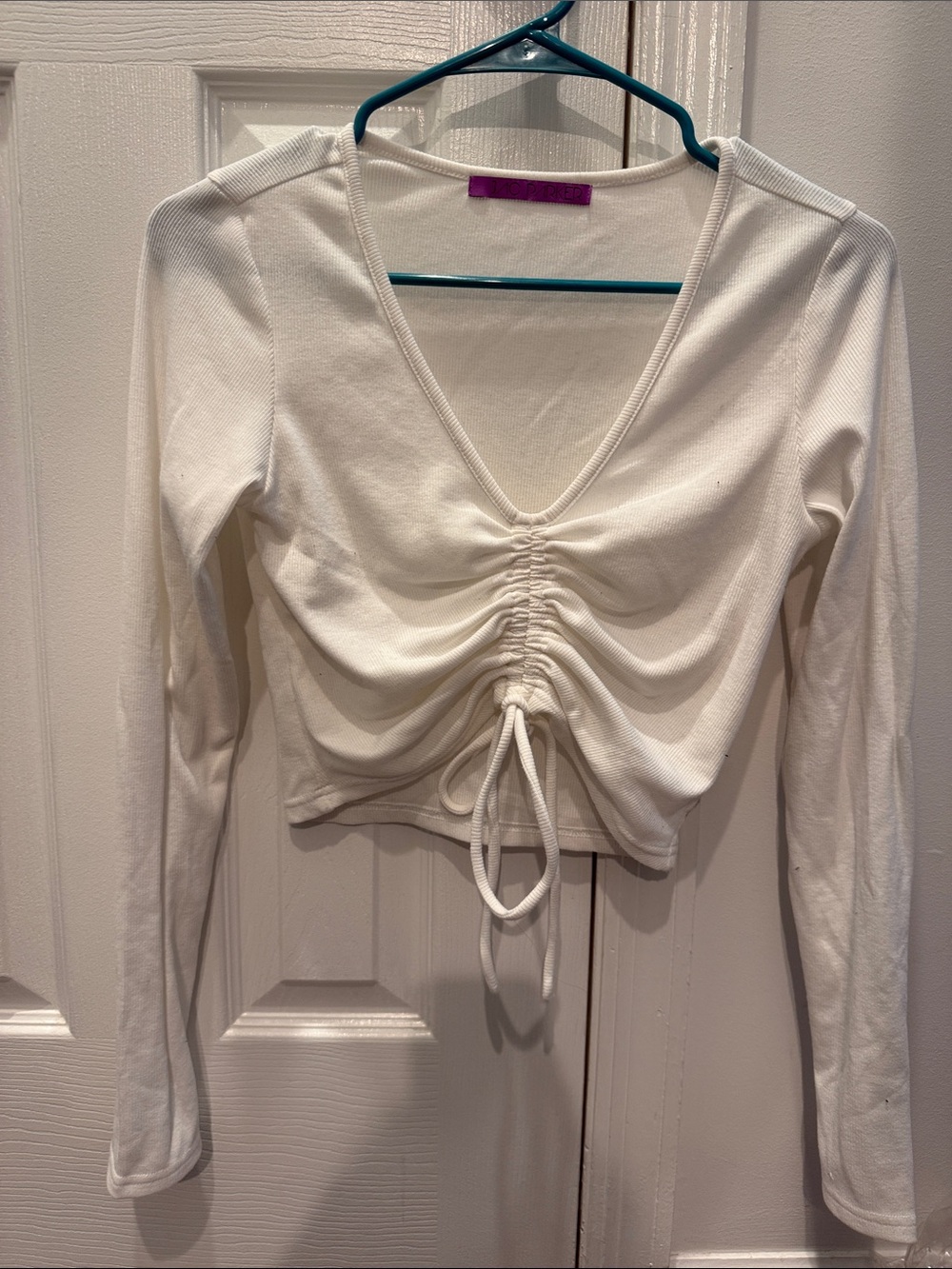 Parker White Ruched V-Neck Long Sleeve Crop Top. Size small
